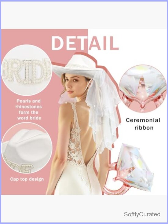 White Cowgirl Hat with Veil and Diamond Ring Balloon, 2 Piece Bridal Set